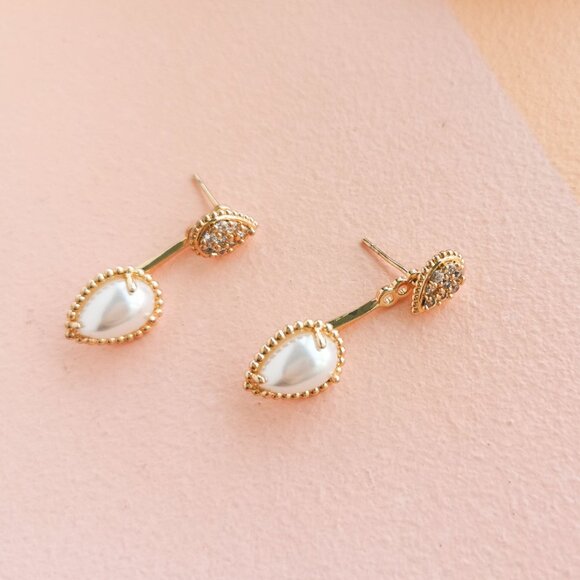 Alicia Bonnie - Dual Elegance Pearl White Crystal Gold Ear Jacket Earrings - NEW - Picture 2 of 3